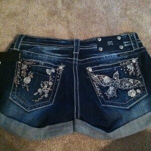 Miss Me Dark Blue Embroidered Denim Shorts